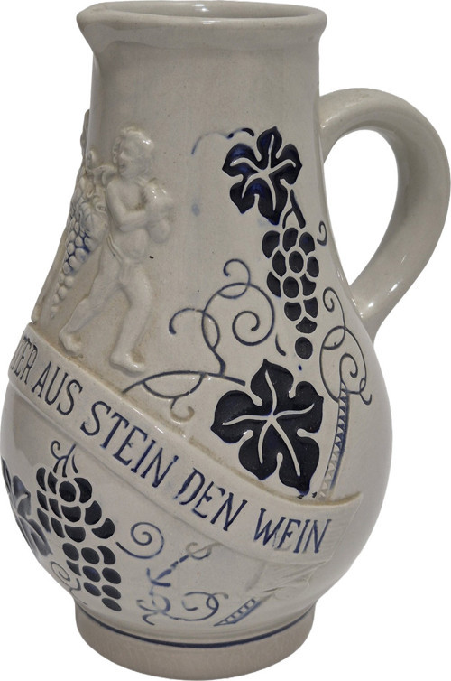 Vintage Kabartma Motifli Taş Seramik Şarap Sürahisi 20cm
