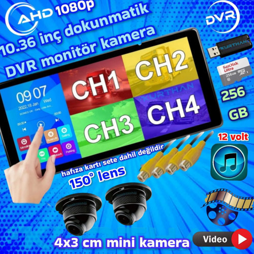 2 ADET 1080P AHD 150'' ULTRA MİNİ METAL KASA KAMERA 10.36'' DOKUNMATİK DVR EKRAN 12 V