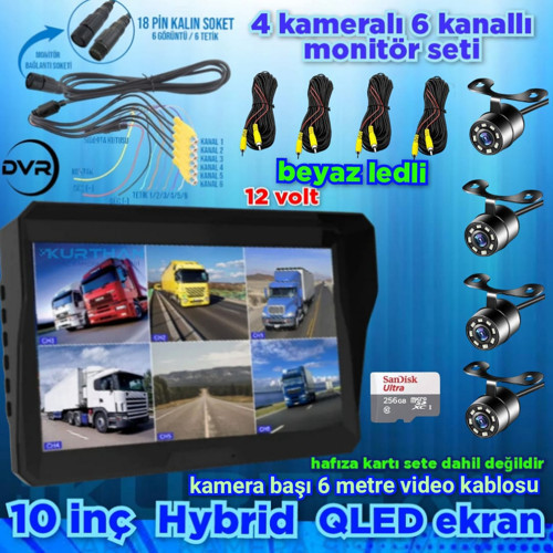 4 ADET BEYAZ LEDLİ KELEBEK KAMERA VE 10'' 6 KANALLI MONİTÖR SETİ 12 V