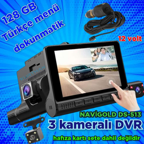 4 İNÇ DOKUNMATİK 3 KAMERALI ARAÇ İÇİ DVR 128 GB 12 VOLT