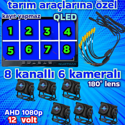 6 ADET 1080 P AHD 180 DERECE BALIK GÖZÜ 10'' QLED 8 KANALLI MONİTÖR SETİ 12 V KAYITSIZ