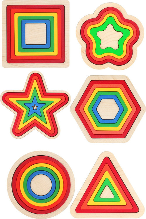 6’lı Ahşap Tabanlı ve 3D Baskı Renkli Geometrik Şekiller - 18 cm Montessori Seti