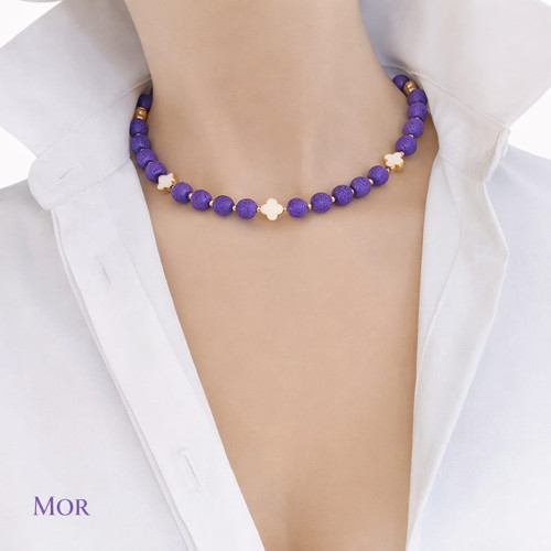 Luna Yonca Detaylı Lav Taşı Choker Doğal Taş Kolye
