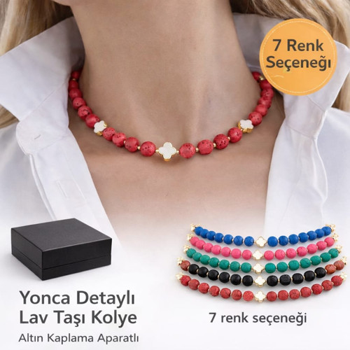 Luna Yonca Detaylı Lav Taşı Choker Doğal Taş Kolye