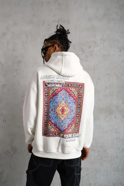 Erkek Kilim Desen üç iplik pamuklu Kapüşonlu Sweat - Beyaz