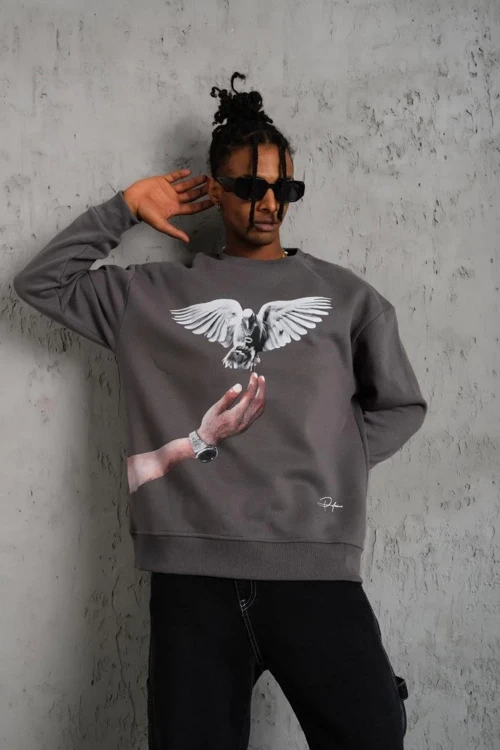 Erkek Güvercin Baskılı üç iplik pamuklu Sweatshirt - Gri
