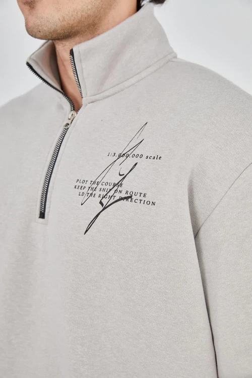 Erkek Yarım Fermuarlı Baskılı üç iplik pamuklu sweatshirt - Boyalı Gri