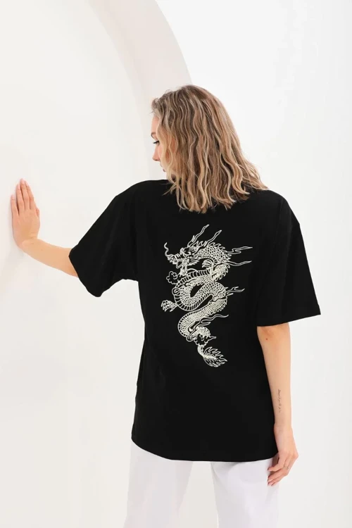 Kadın Baskılı Oversize Kısa kol T-Shirt - Siyah