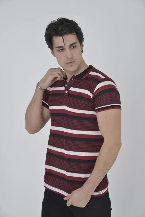 Erkek Yakalı tişort Slim Fit Dokuma Çizgili Kısa kol T-Shirt - Bordo