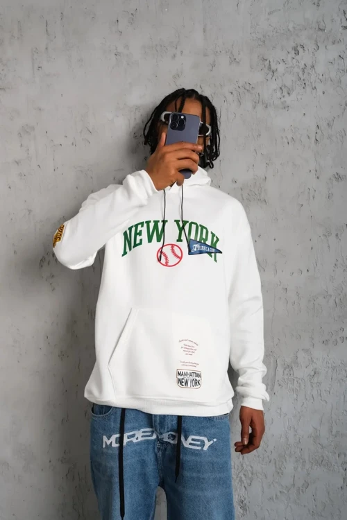 Erkek Baskılı Kapüşonlu üç iplik pamuklu Sweatshirt - Beyaz