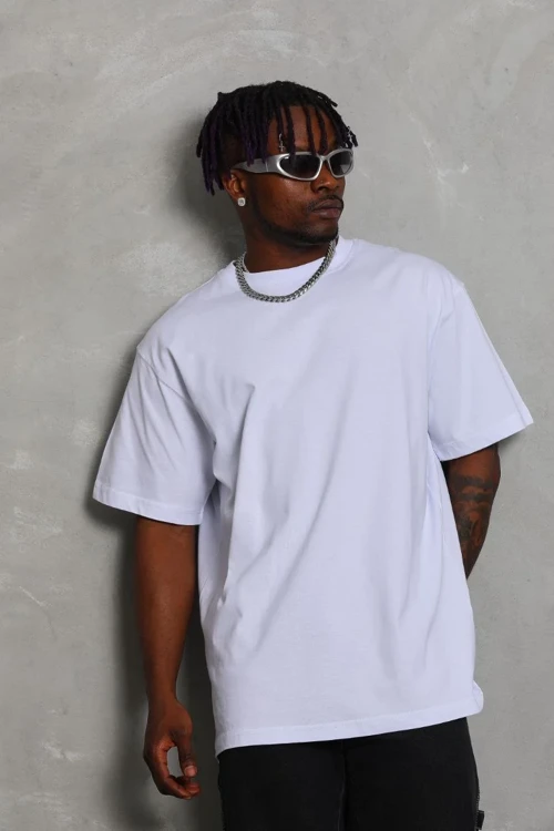 ERKEK Oversize Düz Bisiklet Yaka Kısa kol T-Shirt - Beyaz