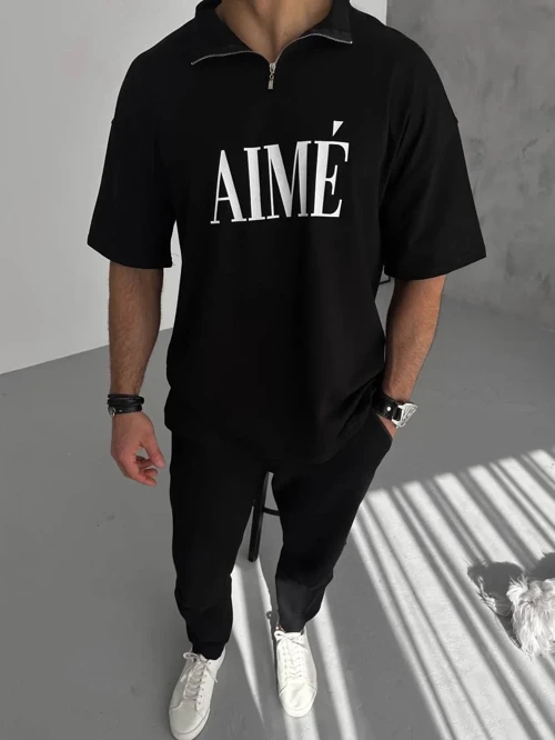 ERKEK Yarım Fermuarlı Kısa kol Baskılı T-Shirt - Siyah