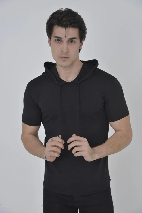 Kadın Kapüşonlu T-Shirt Kısa Kol Bisiklet Yaka Slimfit Tişört - Siyah