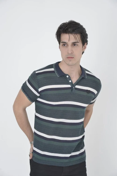 Erkek Yakalı tişort Slim Fit Dokuma Çizgili Kısa kol T-Shirt - Haki