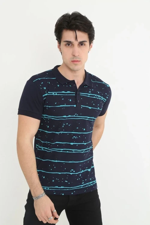 Erkek Yakalı tişort Slim Fit Pike Çizgili Kısa kol T-Shirt - Lacivert