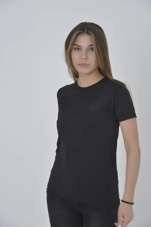 Kadın Gögüs Fileli T-Shirt Kısa Kol Bisiklet Yaka Slimfit Tişört - Siyah