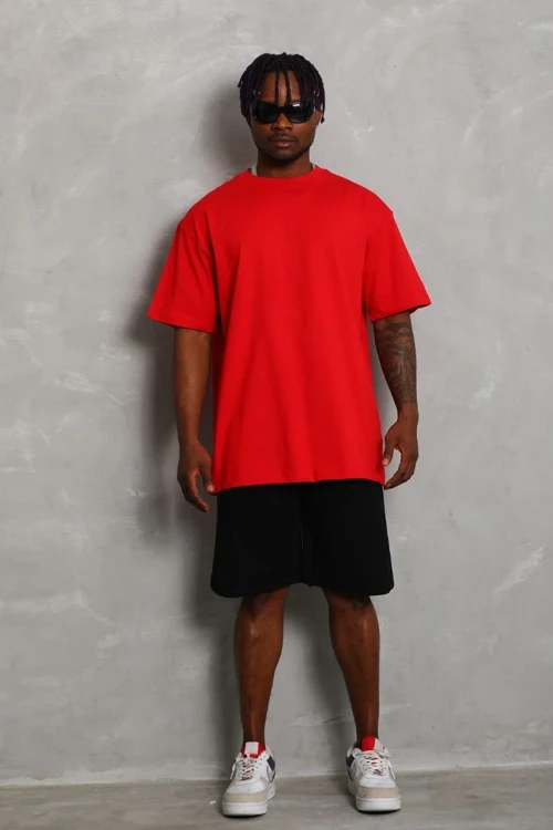 ERKEK Oversize Düz Bisiklet Yaka Kısa kol T-Shirt - Kırmızı