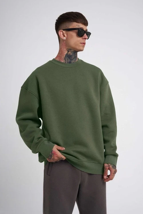 ERKEK Biskilet Yaka Üç İplik SweatShirt - Haki
