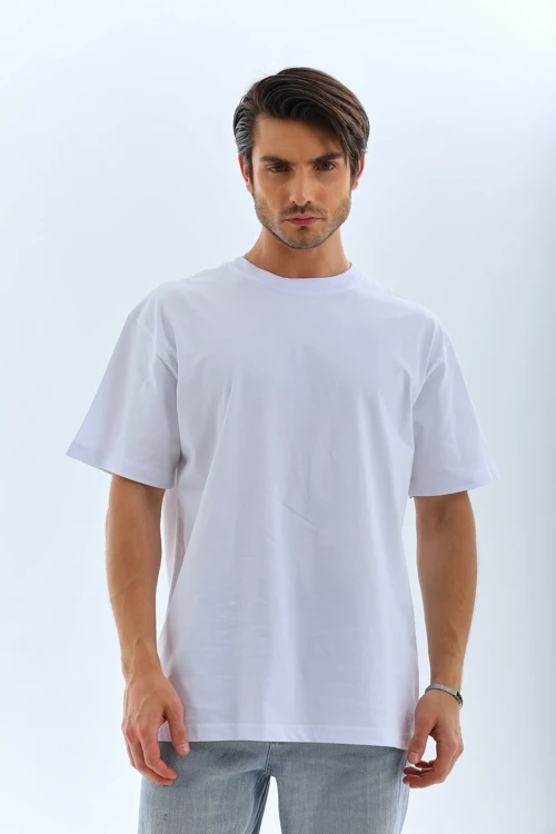 ERKEK Oversize Düz Bisiklet Yaka T-Shirt - Beyaz