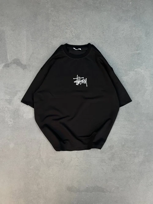 kadın Bisiklet Yaka Baskılı Oversize Kısa kol T-Shirt - Siyah
