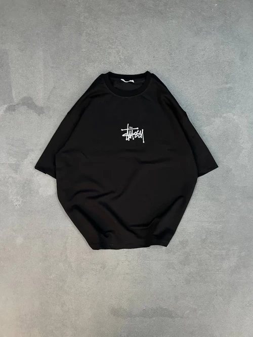 kadın Bisiklet Yaka Baskılı Oversize Kısa kol T-Shirt - Siyah
