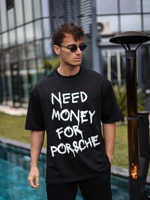 Erkek Bisiklet Yaka Baskılı Kısa kol Oversize T-Shirt - Siyah