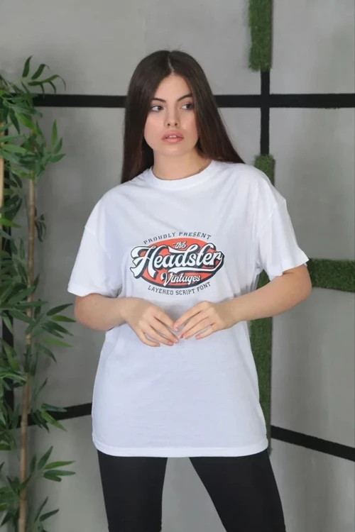 Kadın Baskılı Oversize T-Shirt - Beyaz