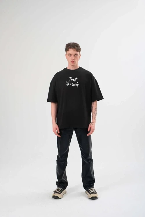 Erkek Bisiklet Yaka Baskılı Kısa kol Oversize T-Shirt - Siyah