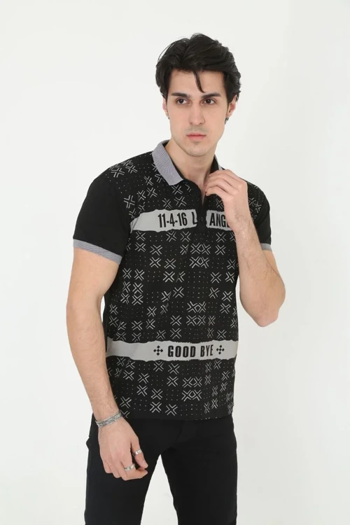 Erkek Yakalı tişort Slim Fit Baskılı Kısa kol T-Shirt - Siyah