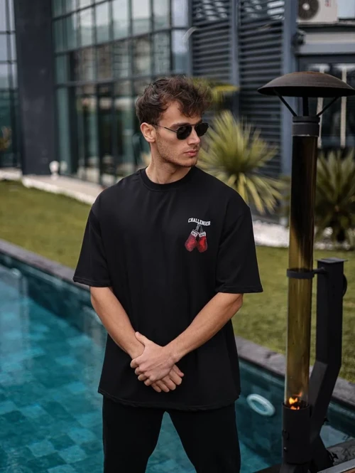 Erkek Bisiklet Yaka Baskılı Oversize T-Shirt - Siyah