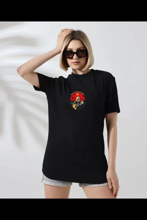 Kadın Bisiklet Yaka Baskılı kısa kol T-Shirt - Siyah