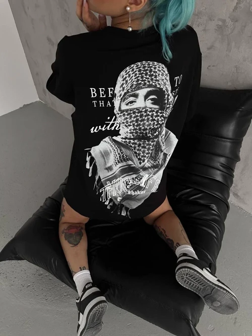 Kadın Baskılı Oversize Kısa kol T-Shirt - Siyah