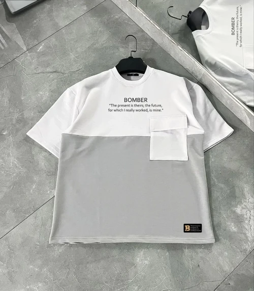 ERKEK Torba Cep Detaylı Parçalı T-Shirt - Gri