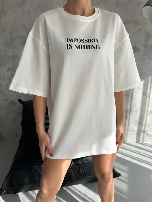 kadın Bisiklet Yaka Baskılı Oversize Kısa kol T-Shirt - Beyaz