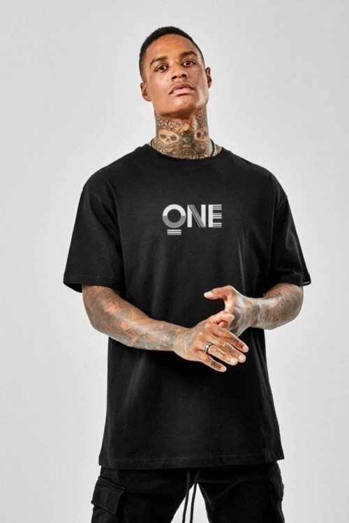 ERKEK Baskılı Oversize Kısa kol T-Shirt - Siyah