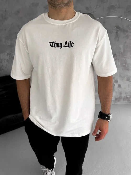 Erkek Bisiklet Yaka Baskılı Oversize Kısa kol T-Shirt - Beyaz