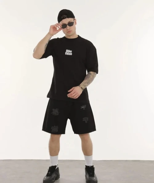 ERKEK Bisiklet Yaka Baskılı Oversize T-Shirt - Siyah