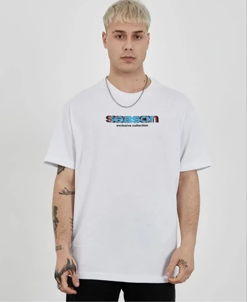 Erkek Bisiklet Yaka Baskılı Kısa kol Oversize T-Shirt - Beyaz