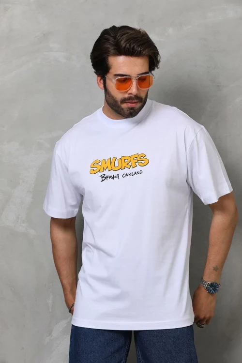 Erkek Bisiklet Yaka Baskılı Oversize T-Shirt - Beyaz