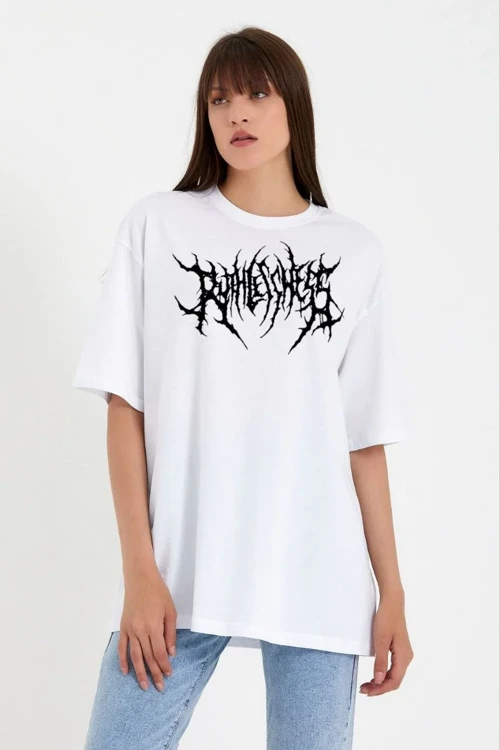 Kadın Baskılı T-Shirt Kısa Kol Bisiklet Yaka Oversize Rahat Kalıp Günlük Tişört - Beyaz