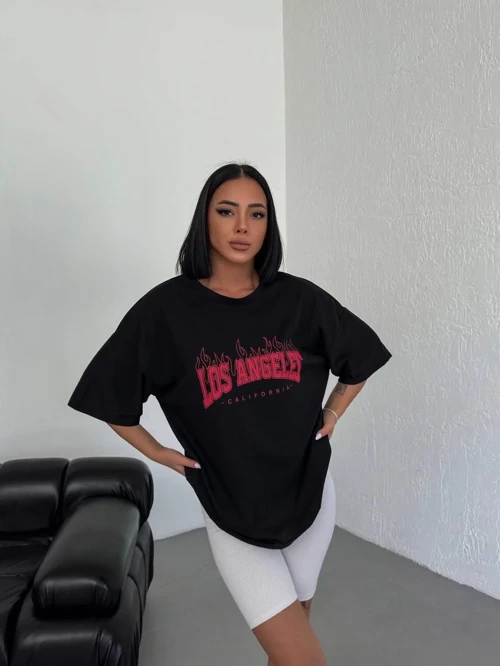 Kadın Baskılı T-Shirt Kısa Kol Bisiklet Yaka Ovarsize Rahat Kalıp Günlük Tişört - Siyah