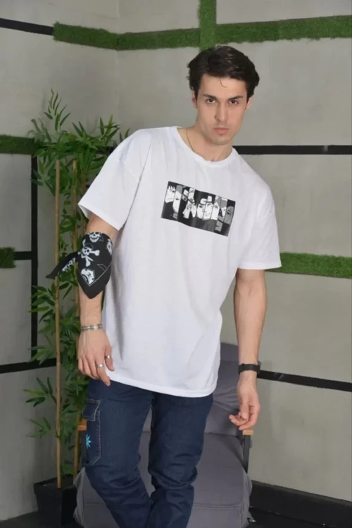 ERKEK Bisiklet Yaka Baskılı Kısa kol Oversize T-Shirt - Beyaz