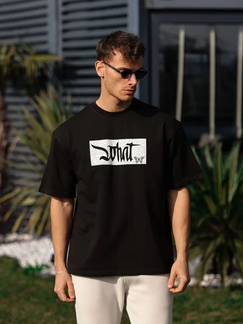 Erkek Bisiklet Yaka Baskılı Oversize T-Shirt - Siyah
