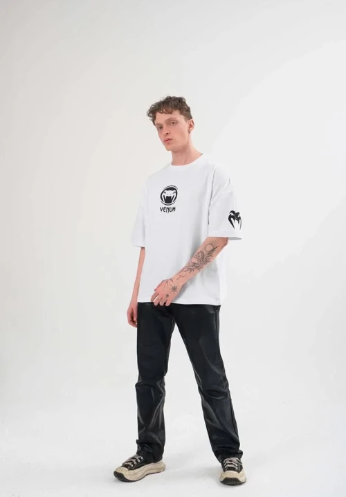 Erkek Bisiklet Yaka Baskılı Oversize Kısa kol T-Shirt - Beyaz
