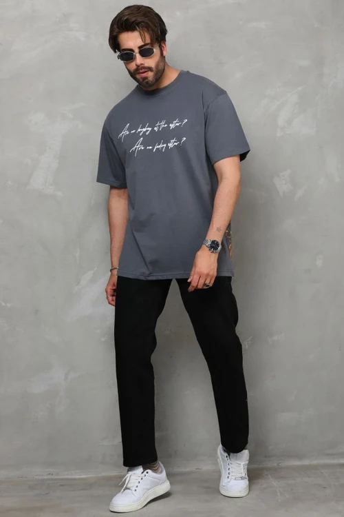 Erkek Bisiklet Yaka Baskılı Oversize T-Shirt - Füme