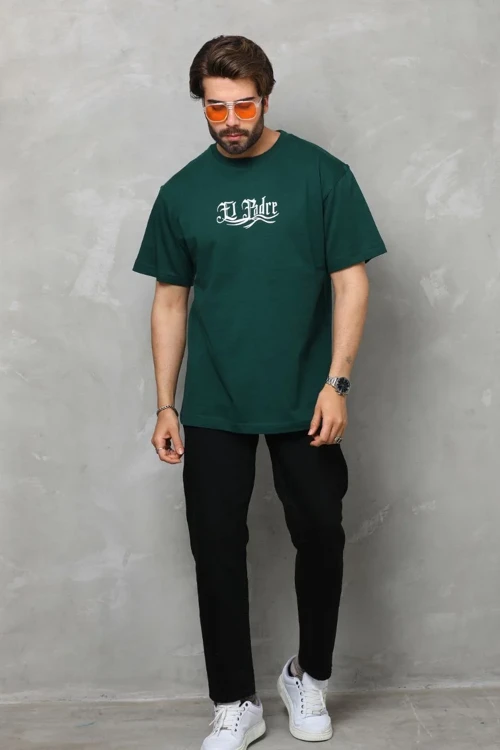 Erkek Bisiklet Yaka Baskılı Oversize T-Shirt - Yeşil