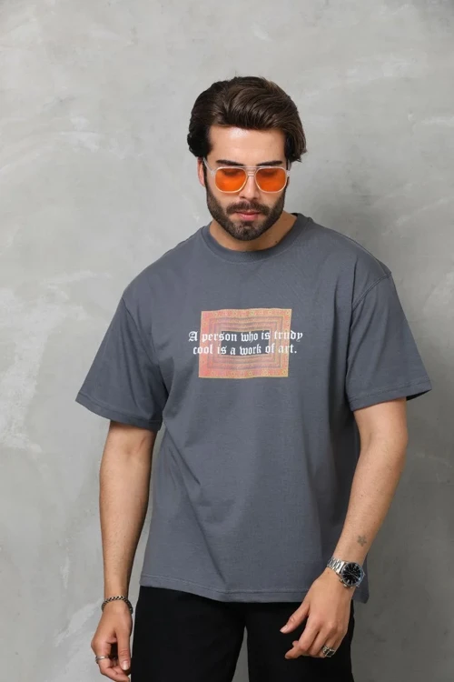 Erkek Bisiklet Yaka Baskılı Oversize T-Shirt - Füme