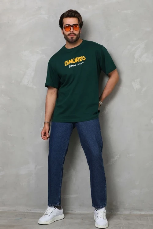 ERKEK Basic Bisiklet Yaka Oversize T-Shirt - Yeşil