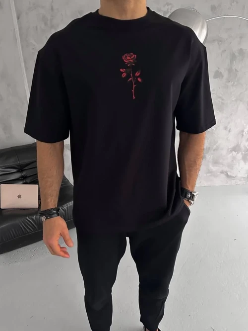 Erkek Bisiklet Yaka Baskılı Oversize Kısa kol T-Shirt - Siyah
