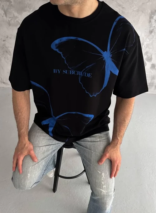 Erkek Bisiklet Yaka Baskılı Oversize T-Shirt - Siyah